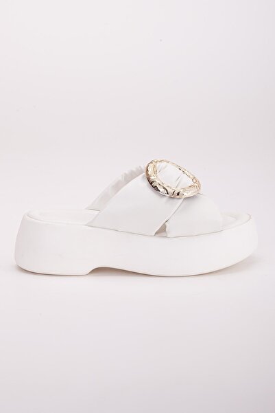 Dilimler Ayakkabı Λευκή σφήνα τακούνι - Γυναικείες παντόφλες, μεγάλες αγκράφες και χοντρές σόλες