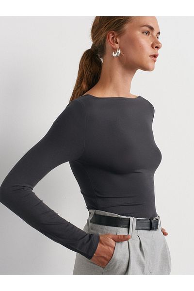 Dilvin 31213 Boat Neck Long Sleeve Top-Anthracite