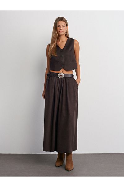 Dilvin 80844 Model - Brown Loose Cut Midi Skirt