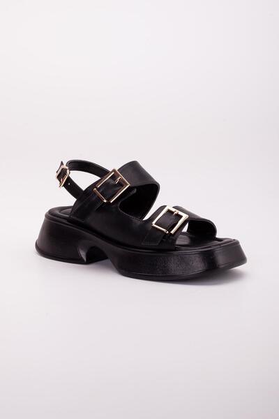 Dilimler Ayakkabı Black Women's Wedge Heel Sandals - Two Bands Clip and Thick Sole