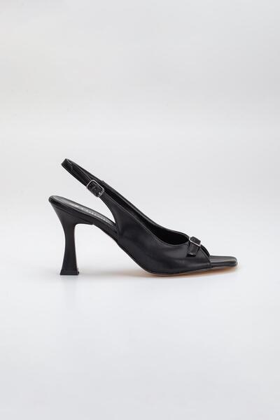Dilimler Ayakkabı Large Size Goblet Heel Skin Black Women's Heeled Sandals