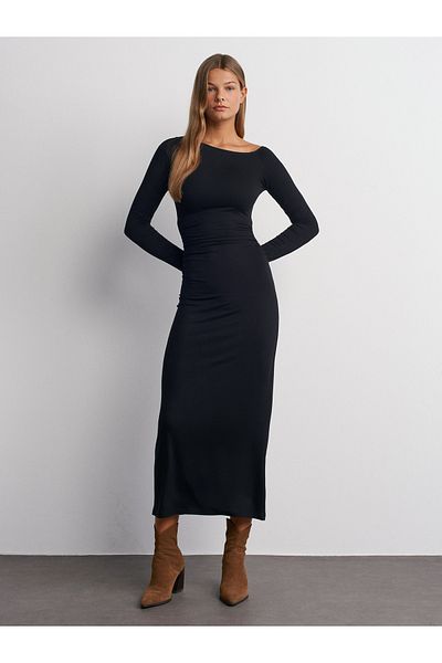 Dilvin 91140 Long Sleeve Midi Dress-Black