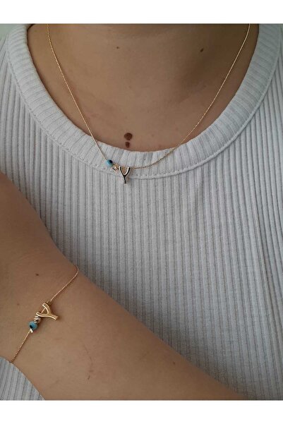 bijoux uniques طقم قلادة وسوار مطلي باللون الذهبي بتفاصيل عين الشر على شكل حرف Y