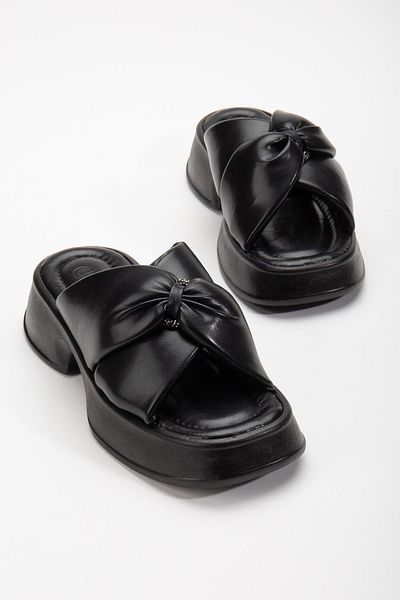 Dilimler Ayakkabı Black Women's Wedge Heel Slippers - Cross Skin, Thick Sole and Small Stone Detail