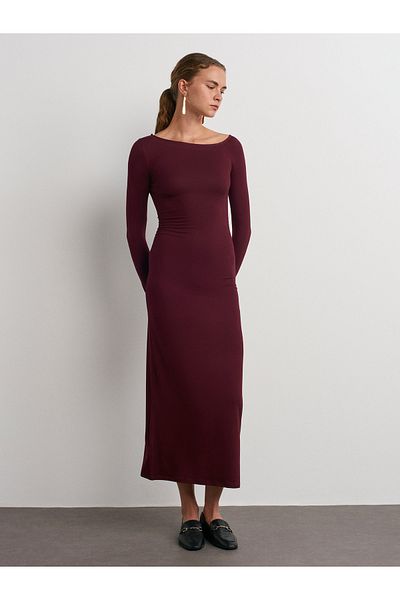 Dilvin 91140 Rochie midi cu maneca lunga-visiniu