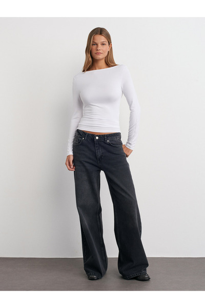 Dilvin 31213 Top cu mânecă lungă cu gât barcă-alb