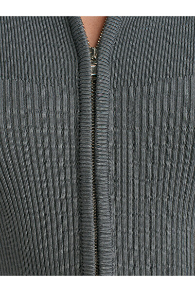 Dilvin 60259 Zippered Slit and Open Shoulder Detailed Knitwear Cardigan-Smoked