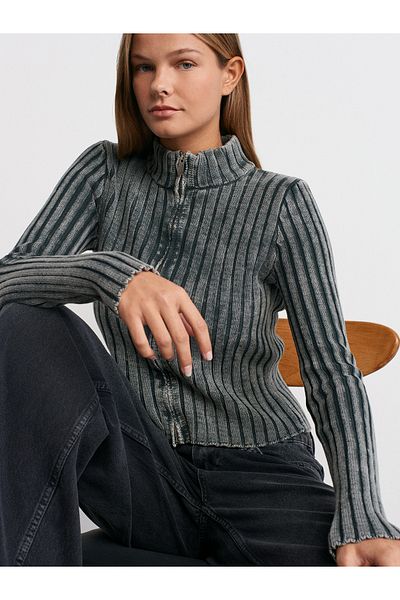 Dilvin 60249 Pale Effect Zippered Knitwear Cardigan-Anthracite