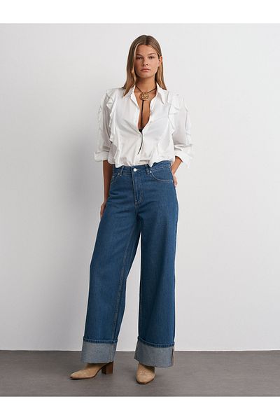 Dilvin 71726 Pantaloni albaștri din denim ondulat cu croiala largă