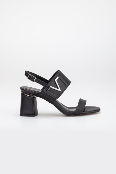 Dilimler Ayakkabı Thick Banded Heeled Skin Black Women's Heeled Sandals