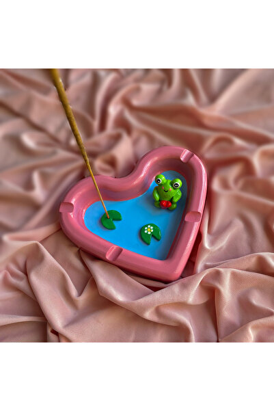 Handmade Dekoratif Hediyelik Kurbağalı Kalp Küllük & Tütsülük
