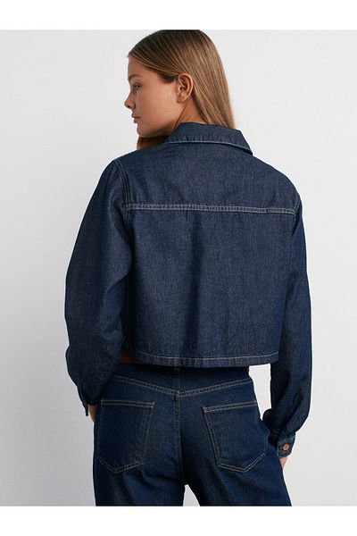 Dilvin 50740 Rins Washed Denim Crop Shirt - Navy Blue