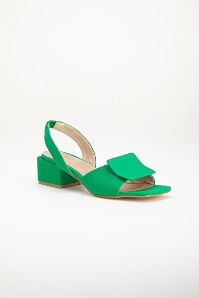 Dilimler Ayakkabı Zara Satin Thick Buckle Green Women's Heeled Shoes
