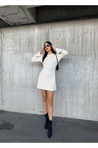 REELMODA Crew Neck Women's Mini Knitwear Dress