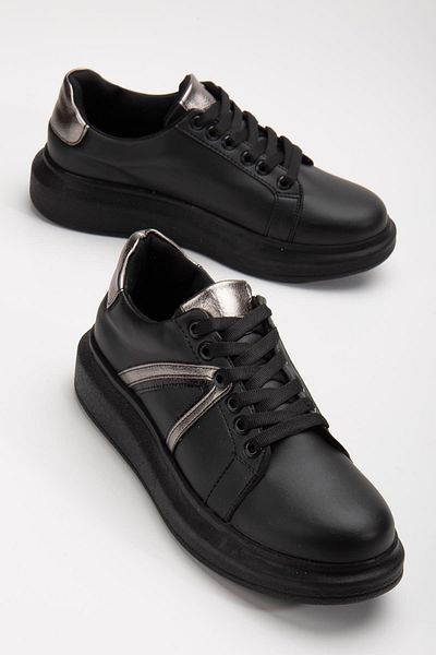Dilimler Ayakkabı Black Women's Sports Shoes - Skin Shiny Stripe, Balloon Sole and Laces