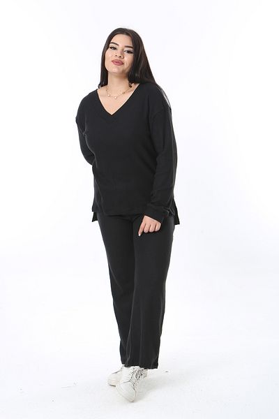 Şans Women's Plus Size Black Camisole Fabric V-Neck Blouse Pants Double Set 65N38379