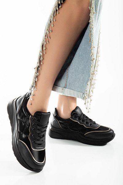Dilimler Ayakkabı Parachute Material Thick Sole Tied Black Women's Sports Shoes