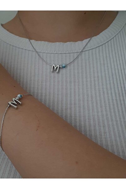bijoux uniques طقم قلادة وسوار مطلي بتفاصيل خرز عين الشر على شكل حرف M