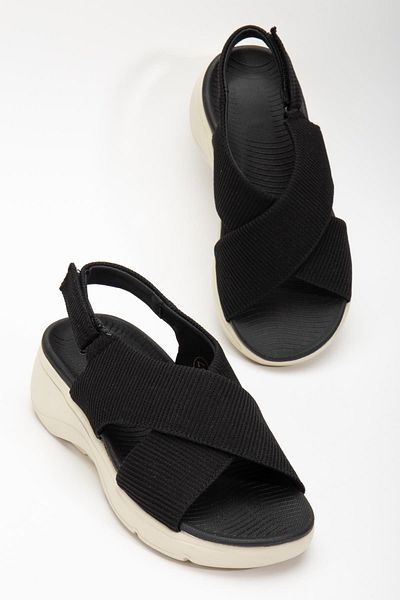 Dilimler Ayakkabı Black Linen Faylon - Wedge Sole Women's Sandals