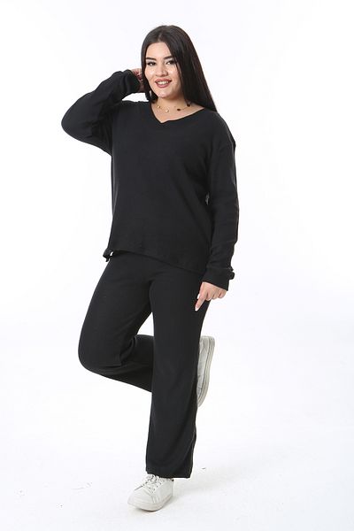 Şans Women's Plus Size Black Camisole Fabric V-Neck Blouse Pants Double Set 65N38379