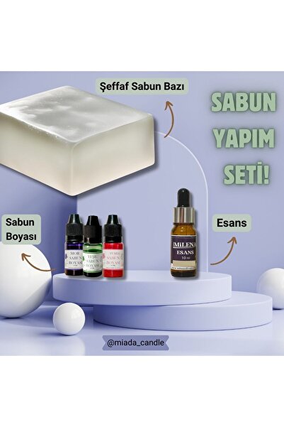 MİADA Sabun Yapım Seti Sabun Yapma kiti 1 kg Şeffaf Sabun bazı + 3 Renk Sabun Boyası + 1 Esans