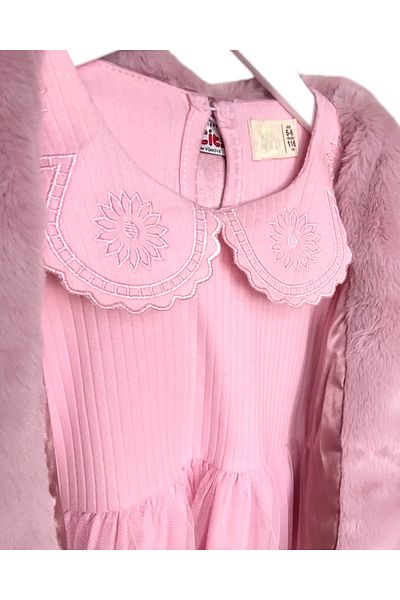 LİTTLE TORTOİSE Girl's Tutu Elegant Baby Collar Embroidered Dress