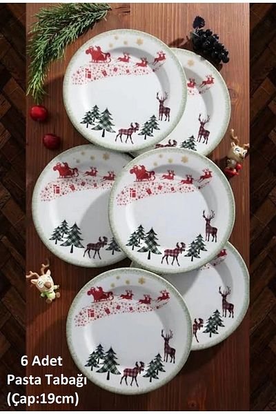 Pinkev 6 Person Porcelain 19cm New Year Patterned Cake Dessert Plate Plate Set