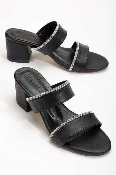 Dilimler Ayakkabı Two-Striped Stoned Skin Black Women's Short Heeled Slippers