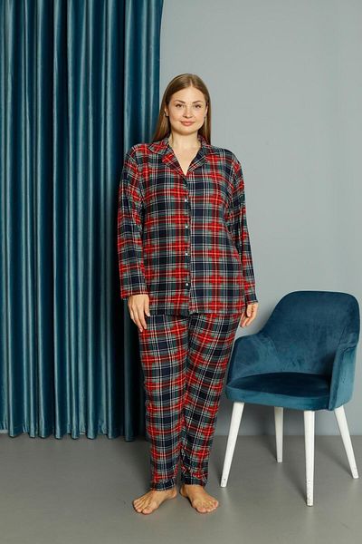 Mutlu City New Model Buttoned Large Size Suede Women's Pajamas Set 13686-Red-Smoke