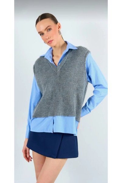 DAMGA Collection Gömlekli Birleştirme Kadın Triko Süveter
