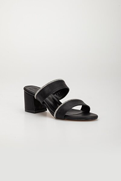 Dilimler Ayakkabı Two-Striped Stoned Skin Black Women's Short Heeled Slippers