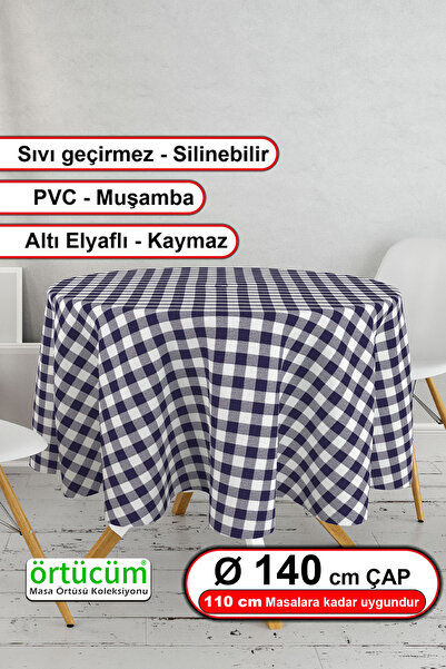 Örtücüm Yuvarlak Mavi Pötikareli Astarlı Pvc Muşamba Mutfak Masa Örtüsü Leke ...