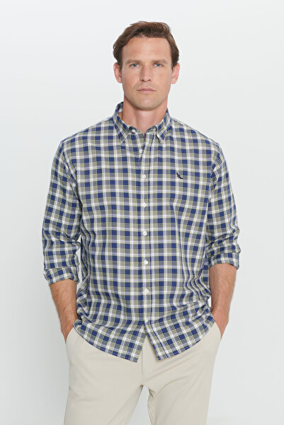 ALTINYILDIZ CLASSICS Men's Blue-Yellow Regular Fit Relaxed Fit Hidden Button Collar Linen Checked Shirt