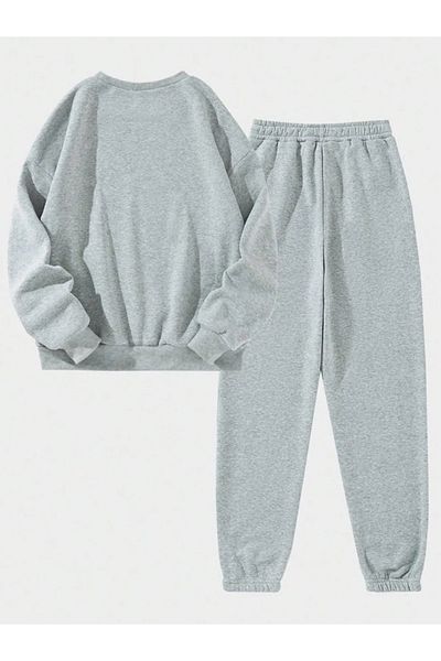 EXPECTED Unisex Oversize Printed Cotton Raised Crew Neck Elastic Bottom Top Tracksuit Set