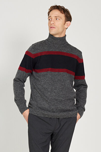 ALTINYILDIZ CLASSICS Men's Anthracite-Navy Wool Standard Fit Regular Fit Full Turtleneck Jacquard Knitwear Sweater