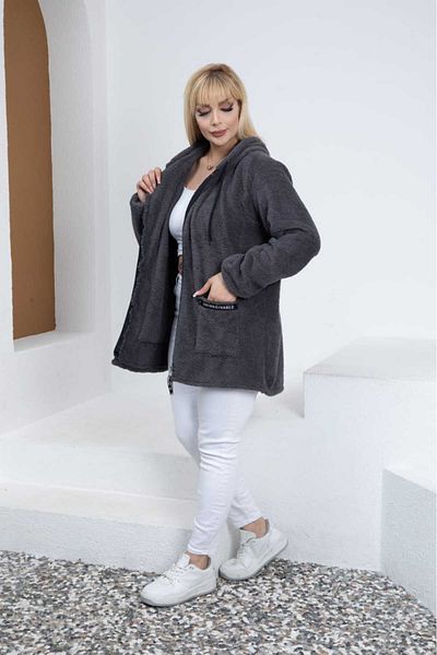 BİrHoşButik Plus Size Lycra Soft Fleece Cardigan - Leopard Plush Trend with Pockets, Hoodie and Zipper