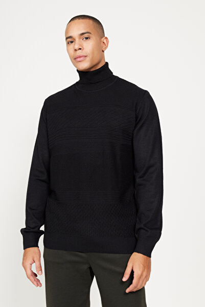 ALTINYILDIZ CLASSICS Men's Black Wool Standard Fit Regular Fit Full Turtleneck Jacquard Knitwear Sweater