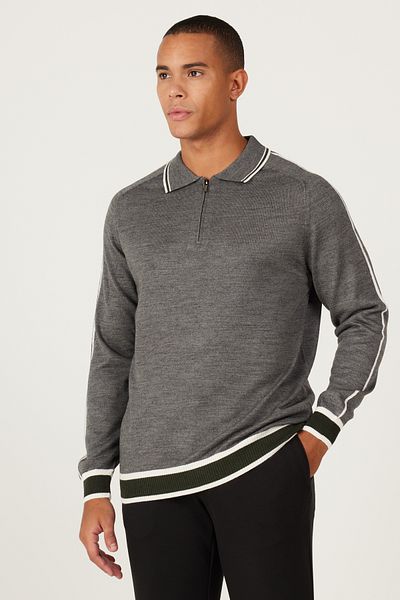ALTINYILDIZ CLASSICS Herren-Strickpullover aus grau-khakifarbener Wolle mit normaler Passform und Polokragen