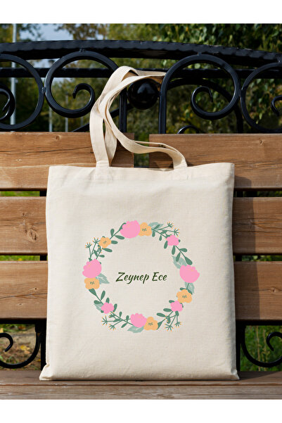 Cemira İsimli Çanta İsme Özel Hediye Çanta, Çiçekli Kişiye Özel Tote Bag, Kitap Çantası, Omuz Çantası