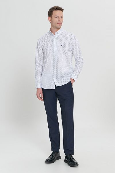 ALTINYILDIZ CLASSICS Weiß-blaues Slim-Fit-Hemd für Herren aus 100 % Baumwolle mit verstecktem Knopfkragen und bedrucktem Hemd