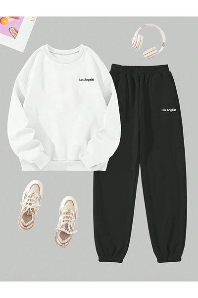 EXPECTED Unisex Oversize Printed Cotton Raised Crew Neck Elastic Bottom Top Tracksuit Set