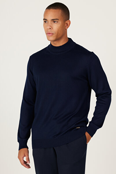 ALTINYILDIZ CLASSICS Мъжки син вълнен пуловер със стандартна кройка, нормален крой и полуриза яка.