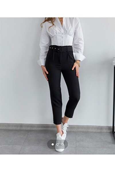 KAŞİHA Beli Kemerli Düz Paça Zr Model Havuc pantolon Siyah