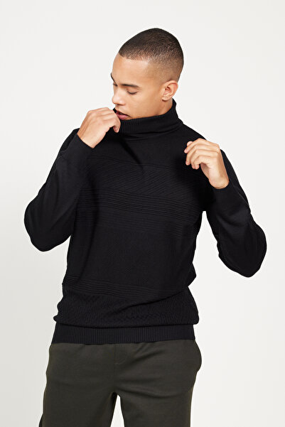 ALTINYILDIZ CLASSICS Men's Black Wool Standard Fit Regular Fit Full Turtleneck Jacquard Knitwear Sweater