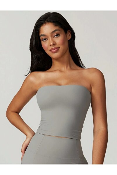 Olyssia Γυναικείο γκρι στράπλες Crop Top Bustier – Stretchy Bandeau Single Jersey υφασμάτινη μπλούζα – Basic Chic Casual Top
