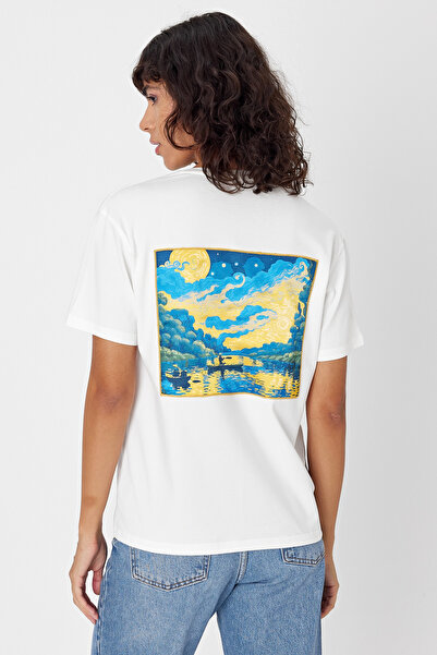 Butikgiz Μπλουζάκι με στάμπα τεχνητής νοημοσύνης - 100% βαμβάκι, κανονική εφαρμογή, απλικέ στην πλάτη (vangogh)