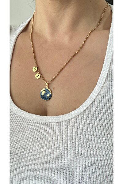 NETA TASARIM Dünya Kolye Çelik Zincirli İki Harfli