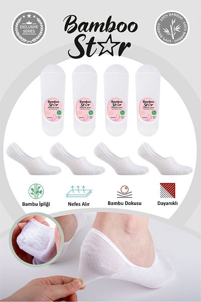 bamboo star Bamboo Women's Ballerina White Socks Seamless Invisible Anti-Slip Heel Silicone Premium 4-Piece White Pack