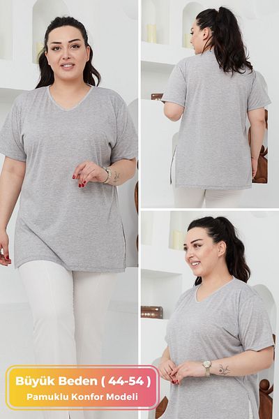 tarzımsüper Large Size Organic Cotton Side Slit Lycra Comfort Model Short Sleeve Sports And Casual T-shirt