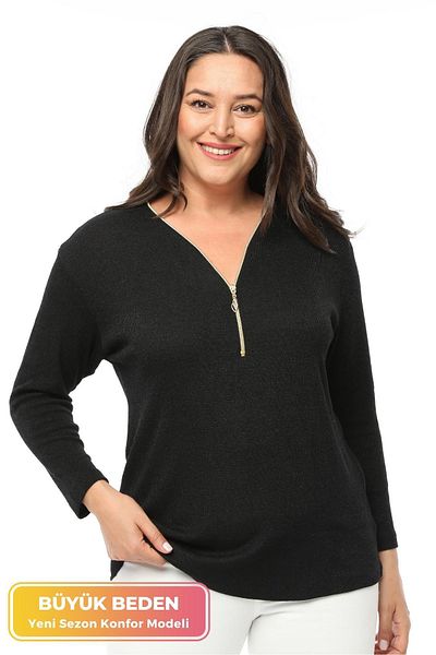 tarzımsüper Large Size Zippered Collar Comfort Model New Season Soft Textured V-Neck Stylish Daily Knitwear Sweater